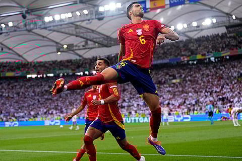 Mikel Merino celebrates after scoring Spain's second goal